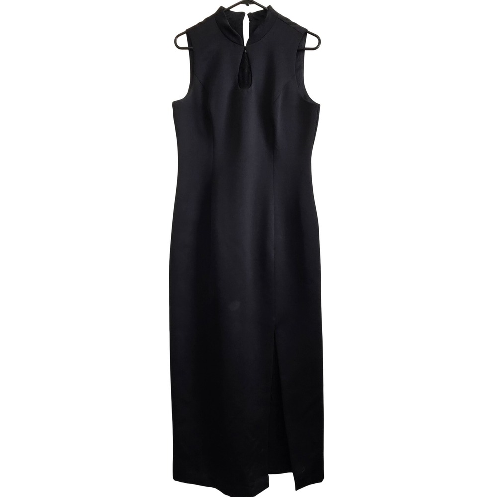 Alex Evenings Black Mandarin Collar‎ Keyhole Maxi Dress Sleeveless Slit Size 12